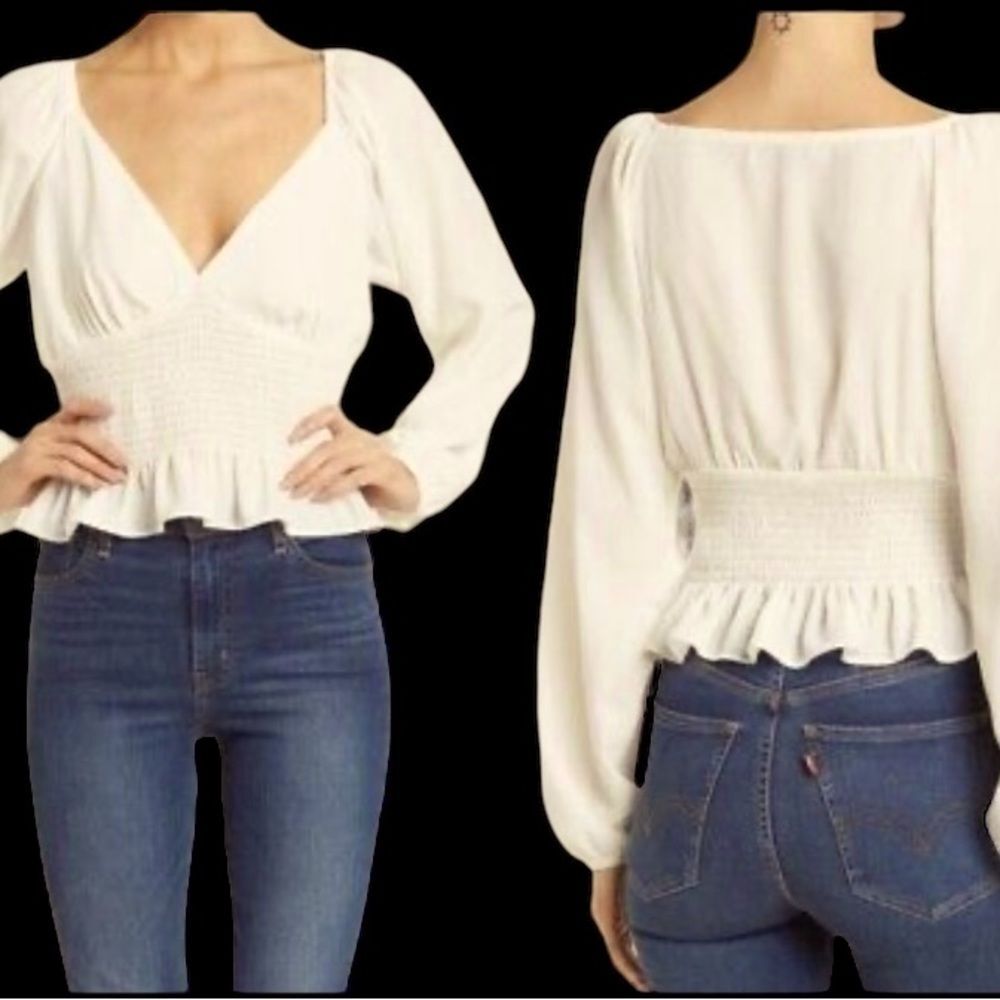WAYF | Deep V LS cold shoulder ruched waist crop top NWT women’s Blouse size XL